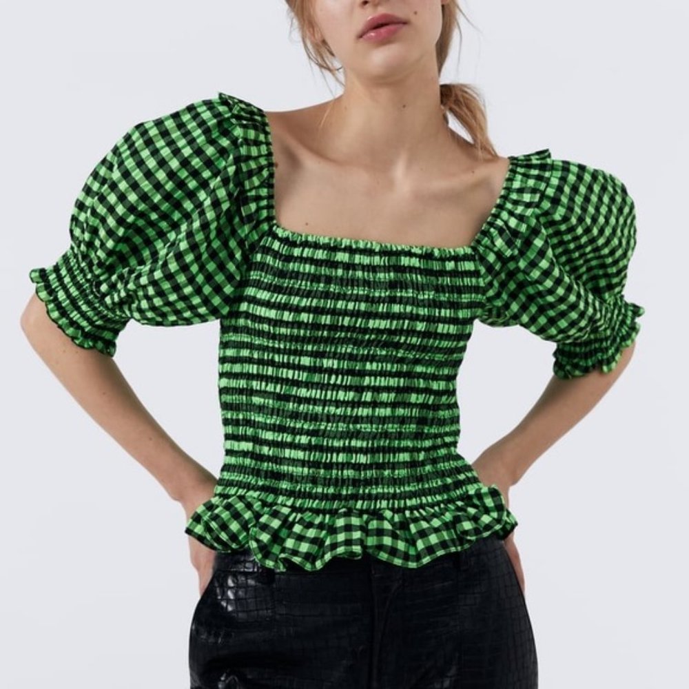 Zara Green Gingham Print Puff Sleeve Top